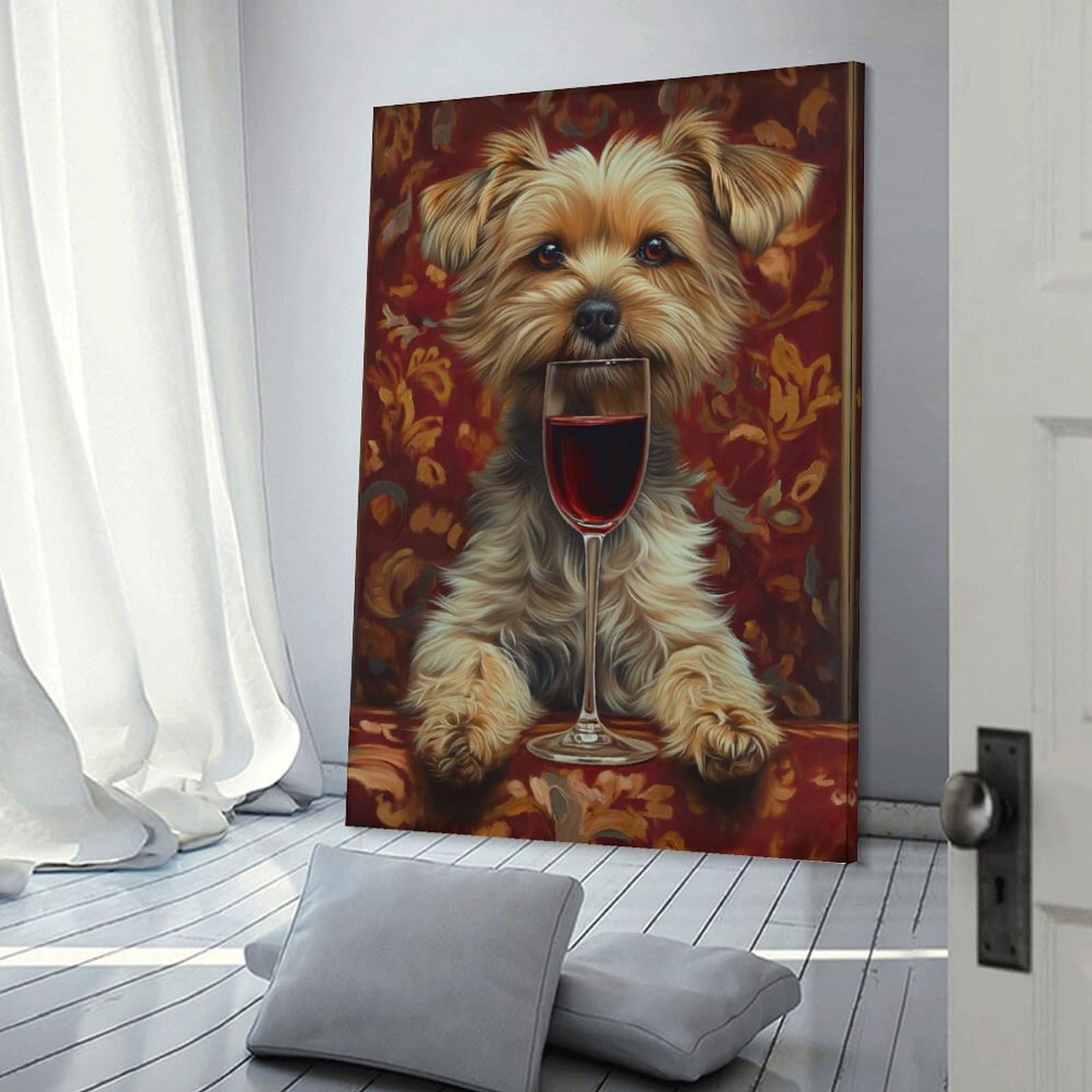 Junmoney Terrier Dog Drinks Wine Wall Art Print 20x30inch(50x75cm), for Hallway, Entryway Or Landing, Wall Decor to Refresh Empty Corners, for Cosy Room Updates