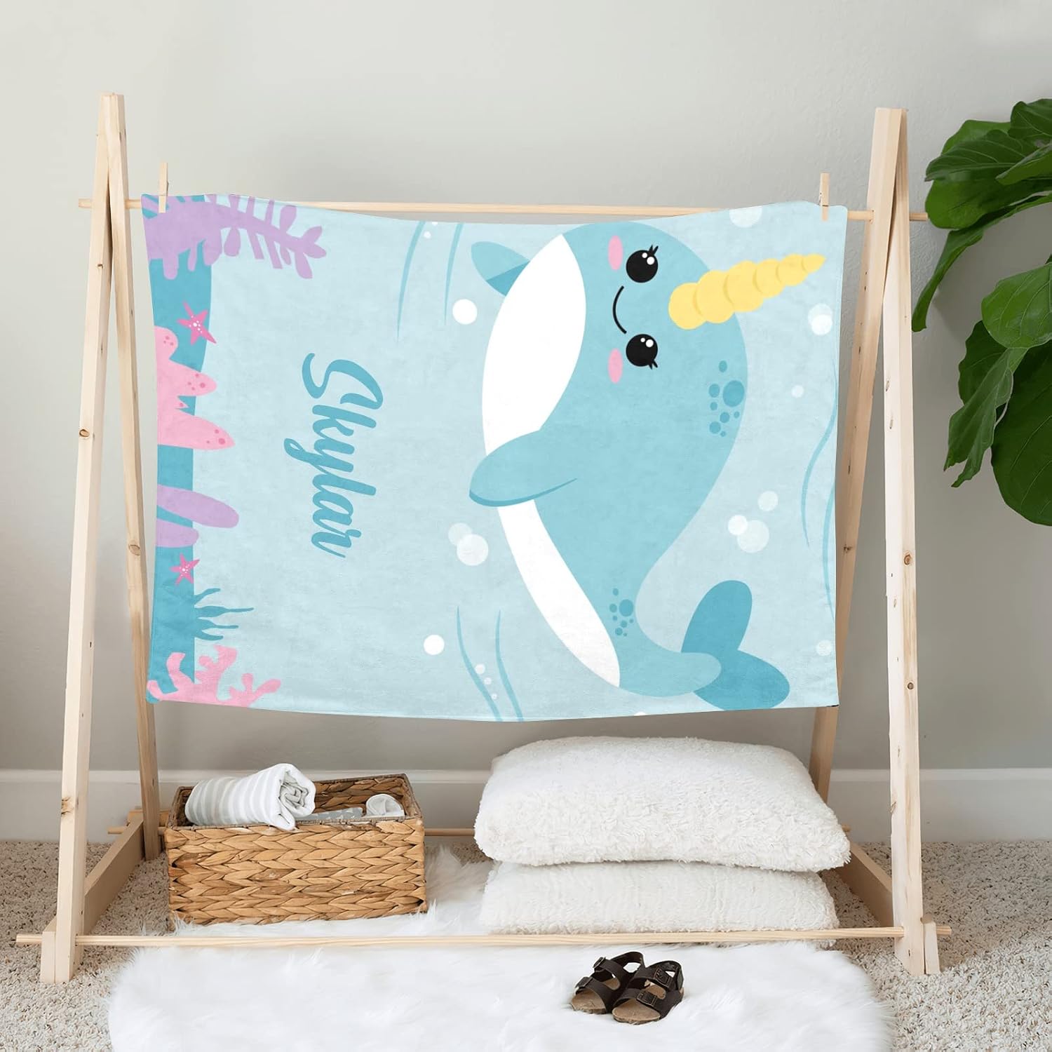 Cute Unicorn Whale Personalized Receiving Baby Blankets for Girls Boys Kids with Name,Customized Swaddle Blankets Gift for Newborn Crib Infants 30x40 Inches