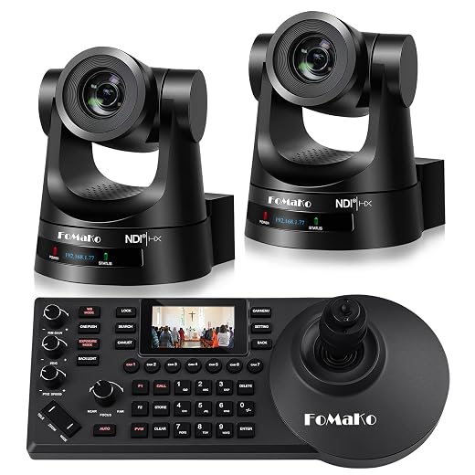 FoMaKo NDI PTZ Camera (NDI 6 & NDI HX3 Certified), AI Auto-Tracking Gen 3, 20X Optical Zoom PoE HDMI PTZ Camera for Church Worship, PTZ Controller, (PTZ Bundle KN20Ax2+KC608) BN202