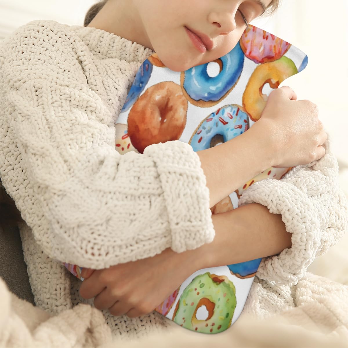 Hot Water Bottle with Soft Cover,2L Colorful Donut Hot Water Bag for Hot and Cold Compress, Hand Feet Warmer, Watercolor Donut Rubber Hot or Cold Water Bottle Halloween Christmas Decorations