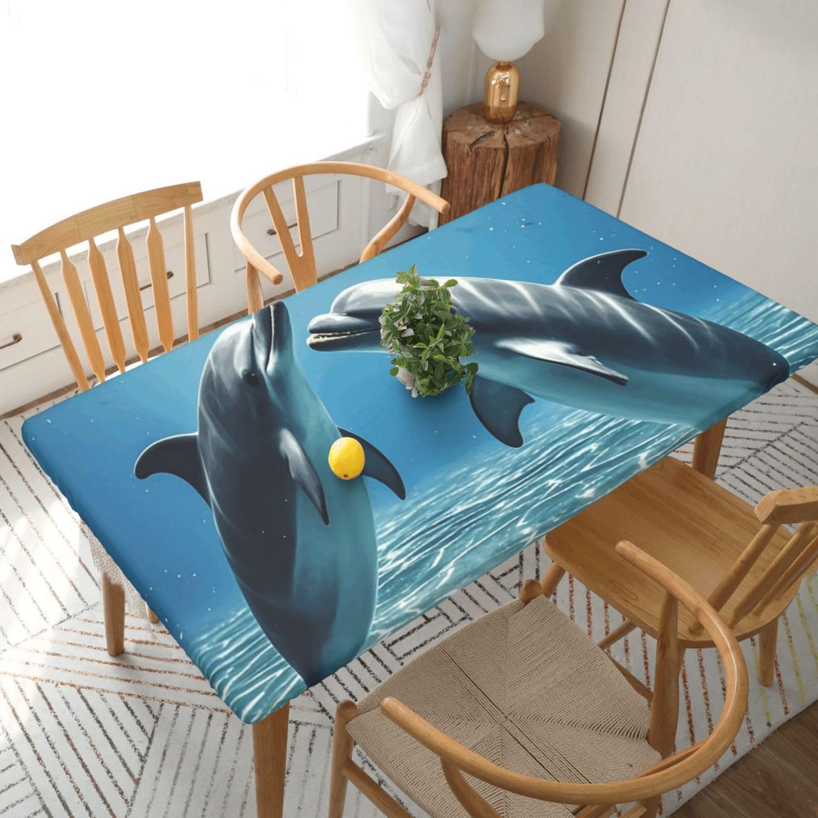 Fodpand Black Dolphins In Love Spandex Fitted Tablecloth For 5 Foot Rectangle Tables,Waterproof Picnic Table Cover Stretch Table Cloth Washable Table Protector For Picnic, Camping, Outdoor