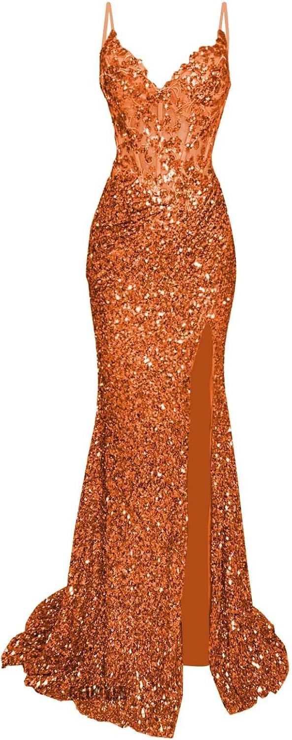 Spaghetti Strap Sequin Prom Dresses Long Backless Evening Dress Mermaid V-Neck Bodycon Formal Gown with Slit