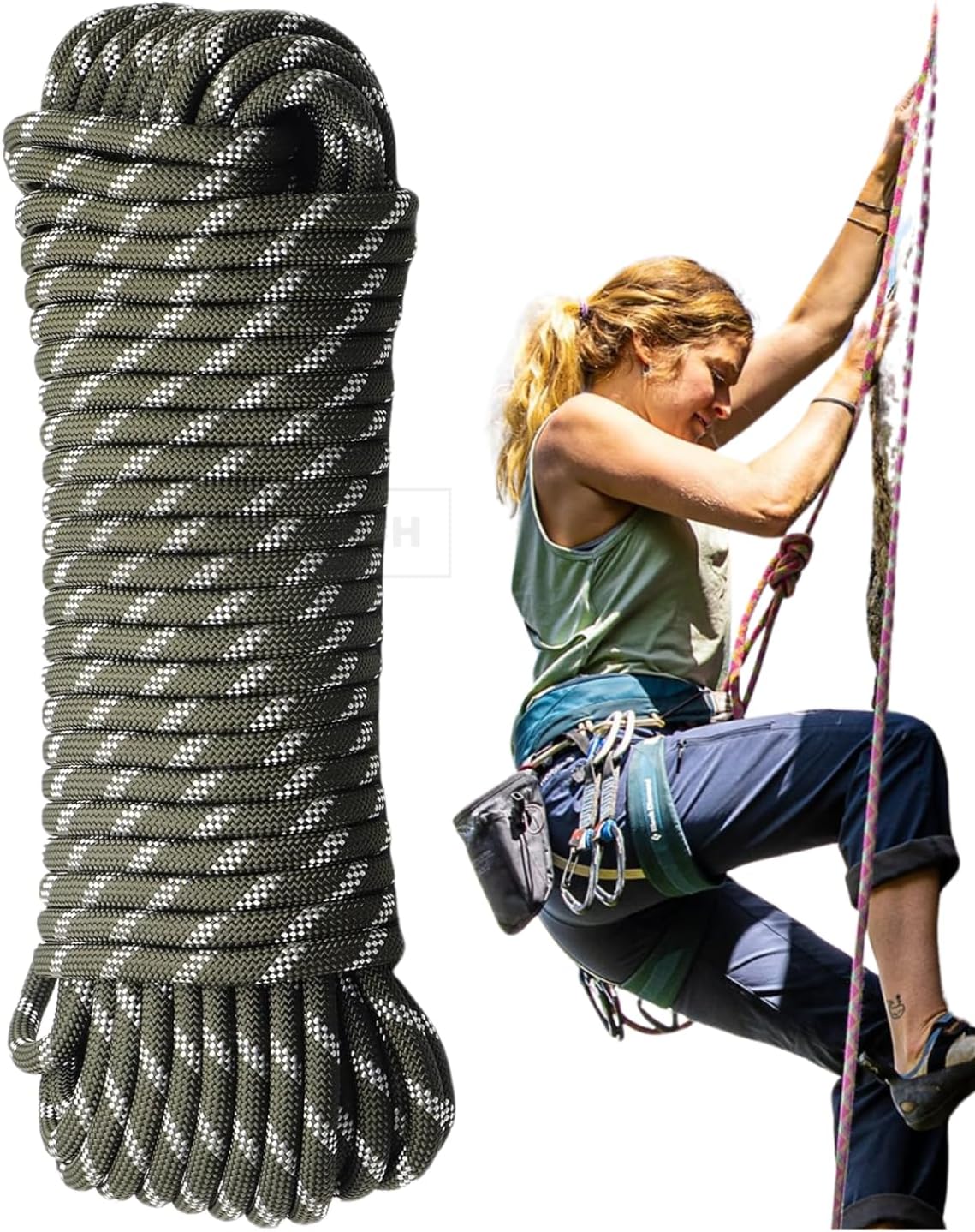 White Tech 8mm Static Climbing Rope 100% Nylon Black Rock Climbing Rope 14Kn Breaking Strength for Outdoor Survival Accessory Safety for Outdoor Survival, Hiking, Mountaineering (8MM 20MTR)