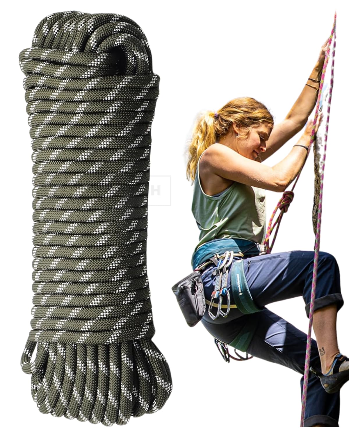 8mm Static Climbing Rope 100% Nylon Black Rock Climbing Rope 14Kn Breaking Strength for Outdoor Survival Accessory Safety for Outdoor Survival, Hiking, Mountaineering (8MM 20MTR)