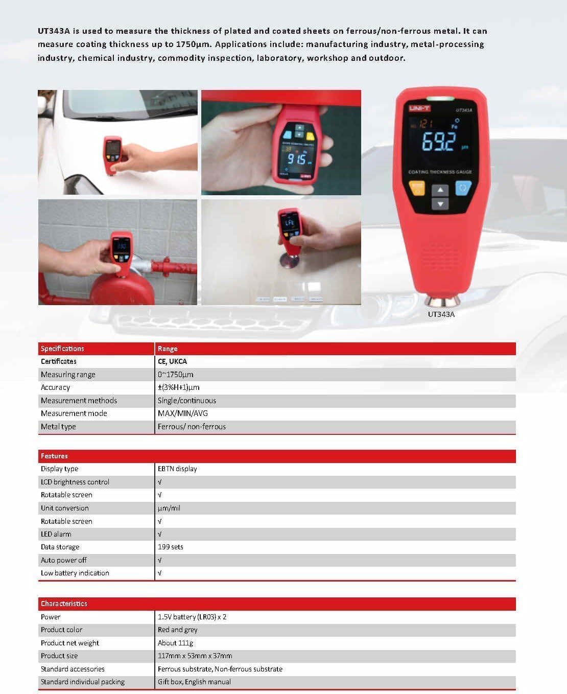 UNI-T UT343A Digital Coating Thickness Composite Gauge Meter Automobile Paint Film Tester Measuring FE/NFE Paint Tool USB Data Storage Single-Point Multi-Point Quick Judgment Prompt