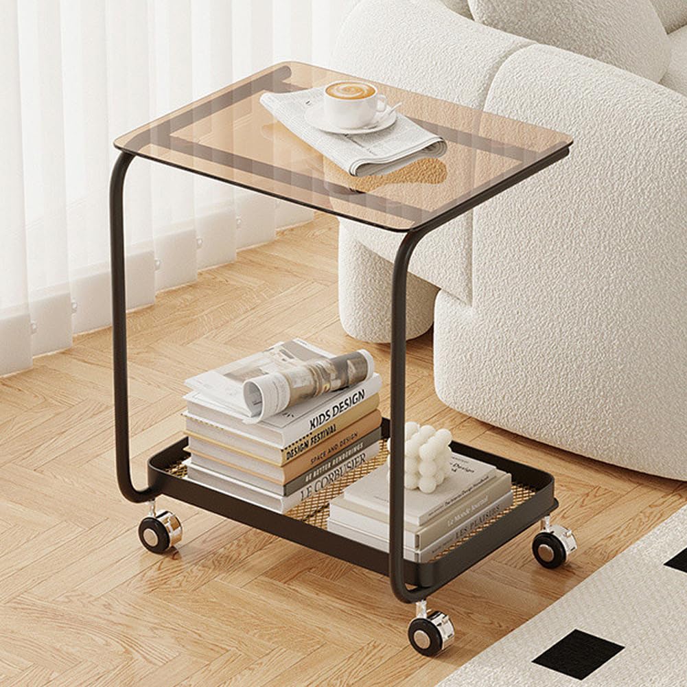 SXZenSpace Tempered Glass Snack Side Tables with Steel Frame, Portable Indoor Outdoor Couch C Table End Table,2 Tier Small Shelf for Living Room, Bedroom,black,brown
