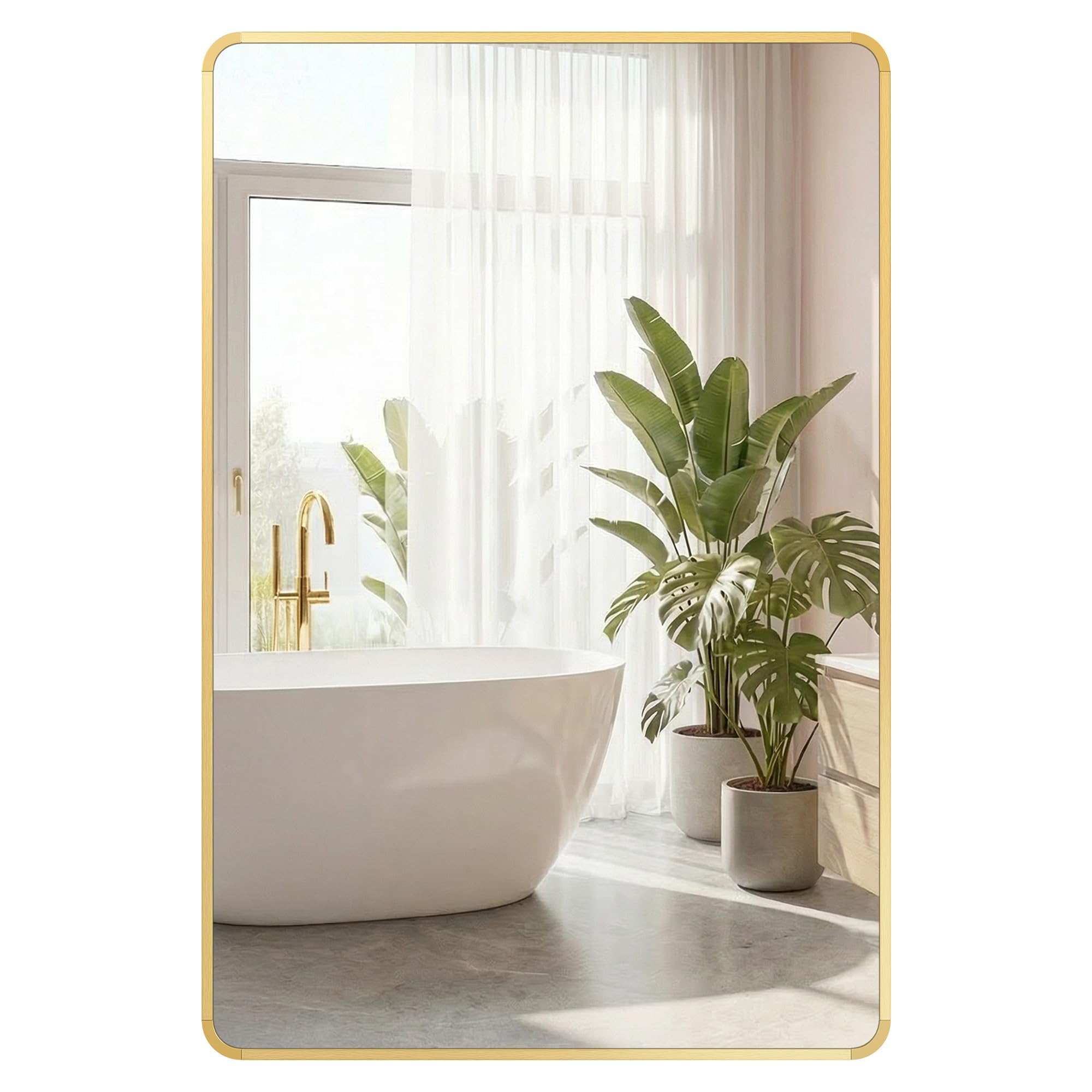 SONGMICS Bathroom Mirror, Wall Mounted Vanity Mirror, Rectangular, Aluminium Frame, 91 x 61 cm, with Safety Film, 2 Mounting Options, for Living Room, Bedroom, Bathroom, Pale Gold LWM010AB01