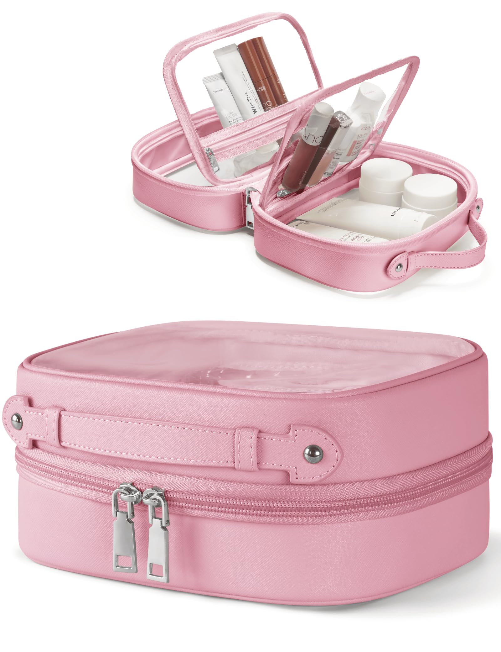 Neceser de viaje transparente de doble capa, bolsa de maquillaje transparente con 4 compartimentos, bolsa de viaje transparente para artículos de tocador, bolsa de aseo grande para mujeres