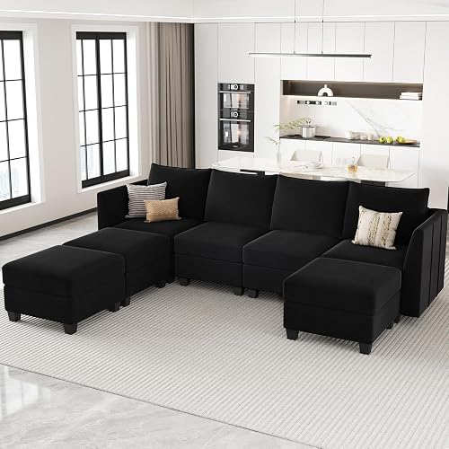 Belffin Large Modular Sectional Sofa with Storage 7 Seat Sectional Couch Velvet Modular Sofa Couch for Living Room, Black