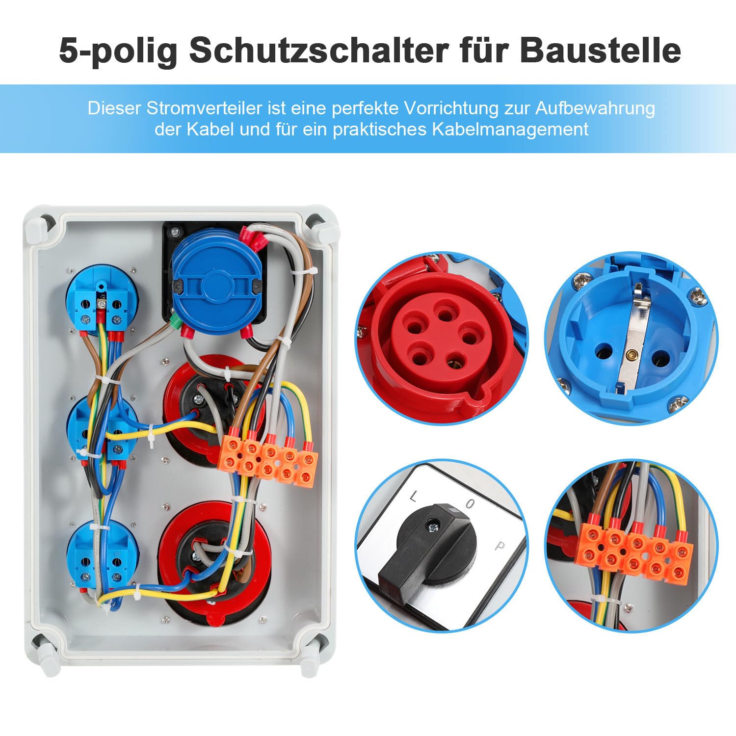 Distribuidor de pared, 3 x 16 A/230 V + 1 x CEE 16 A 5P + 1 x CEE 32 A 5P con interruptor de leva L-0-P con conector impermeable M25, distribuidor para obras