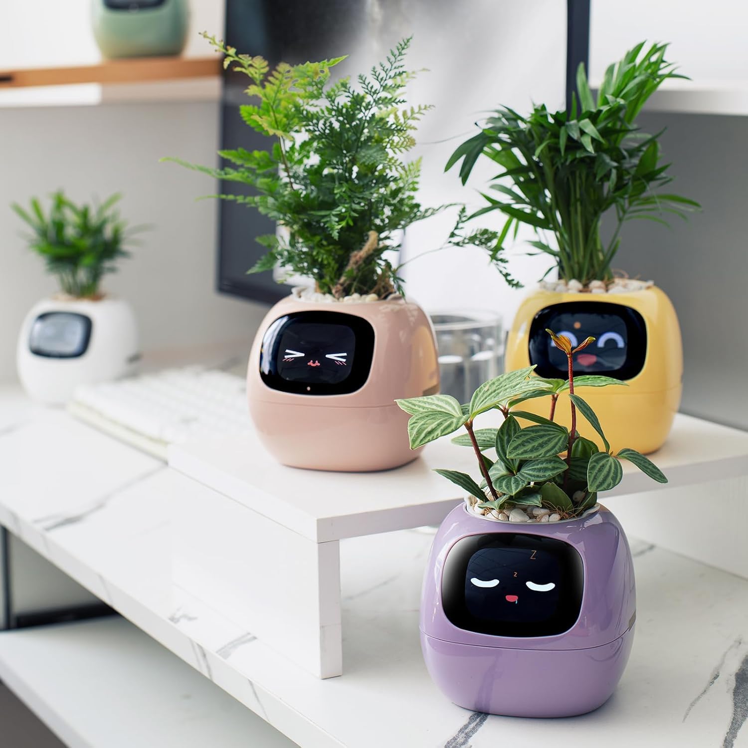PLANTSIO Ivy - Vaso da fiori intelligente per la decorazione della casa, ideale per la casa, per la scrivania, idea regalo, per la cura delle piante, con emoji e amici animali domestici (Bianco latte)