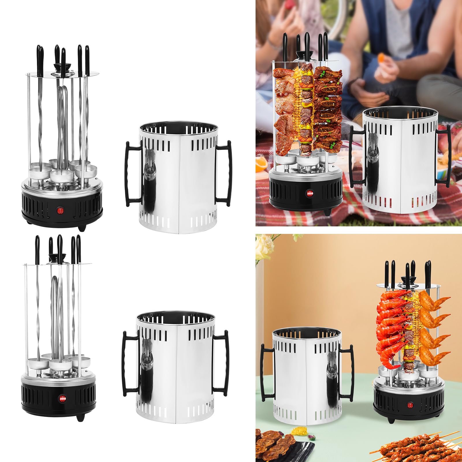 Pionowy grill elektryczny, 1000 W, pionowy grill ze stali nierdzewnej 304, elektryczna maszyna obrotowa 400-500℃, 6 szpikulców dla rodzin, grilla, restauracji, bez dymu, czarny, srebrny