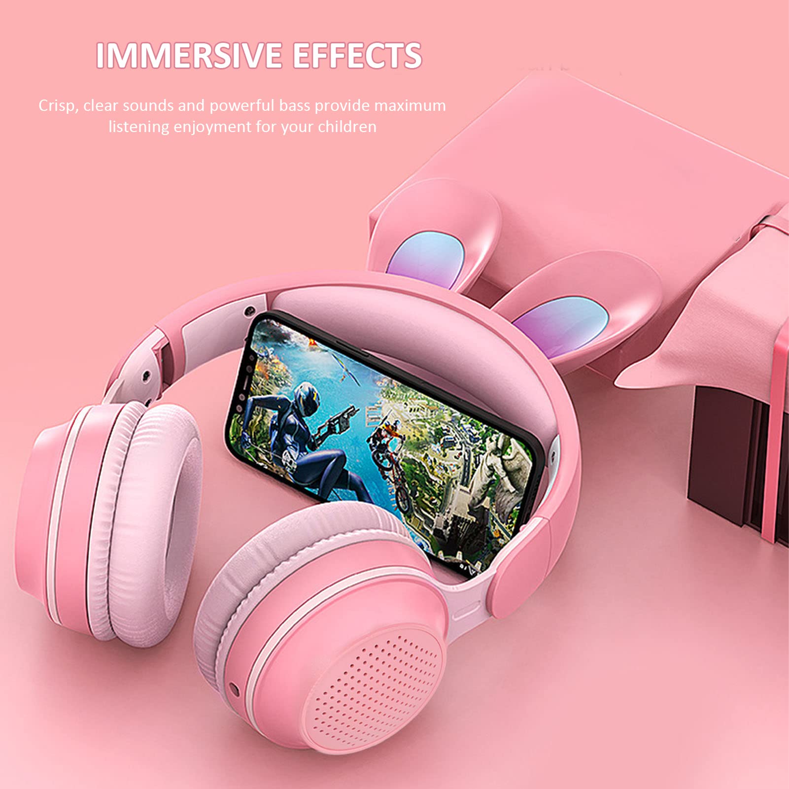 Auriculares para Niños, Auriculares Bluetooth 5.0 con Oreja de Conejo, Auriculares Inalámbricos Plegables con Luz LED sobre la Oreja, Soporte TF/AUX, Regalos para Niños, Niños Pequeños,(Rosado)