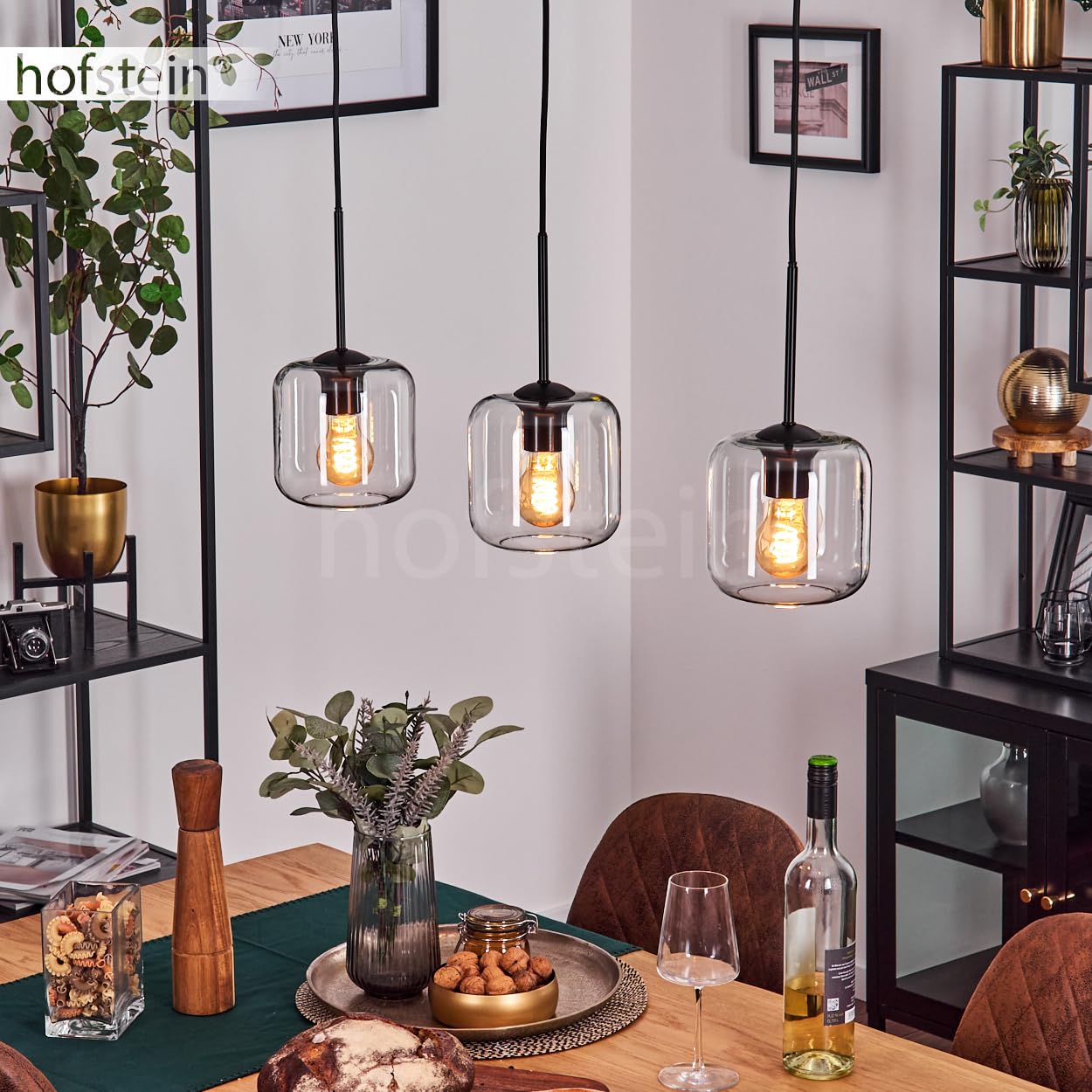 HOFSTEIN Lampadario a sospensione Lauden, 3 luci, in metallo/vetro, nero/trasparente, moderna lampada a sospensione in design retrò/vintage, diametro paralumi 20 cm, E27, sala da pranzo, cucina