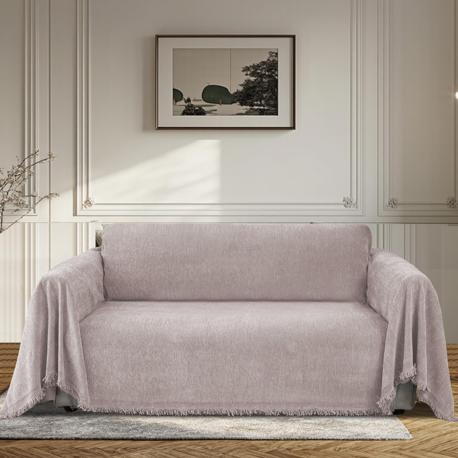 Bellahills Light Camel Sofa Cover 3 Seater Chenille Sofa Covers 2 Seater Armchair Covers L Shape Sofa Slipcover Non-Slip Couch Covers With Tassel Sofa Protector From Dogs, 180X260cm,