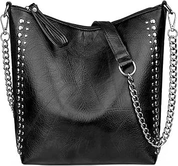 Women Fashion Tote Bag PU Leather Rivet Studded Ladies Purse Chain Shoulder Bag Satchel Work Shopping