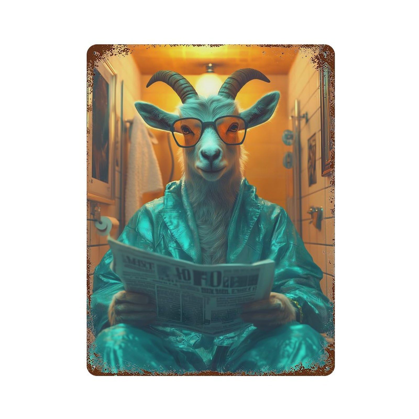 Garage Style Goat in A Bathroom Rusty Metal Tin Sign 15.7"x11.8", Farmhouse Wall Decor for Bar And Workshop