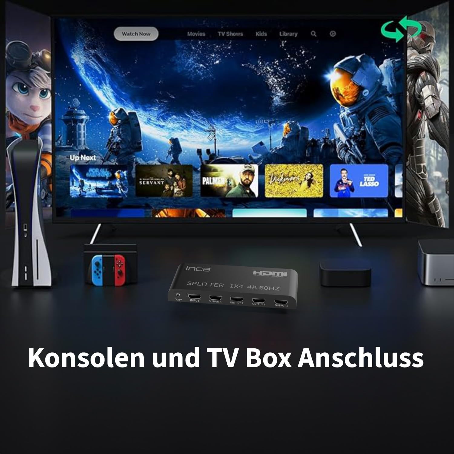 inca IHSK-460, HDMI Splitter, 1 In 4 Out 4K@60Hz, HDMI 2.0, HDCP 2.2, HDR & 3D, 1x4 Splitter, 4 Port für PS5, Xbox, Fire TV, Beamer