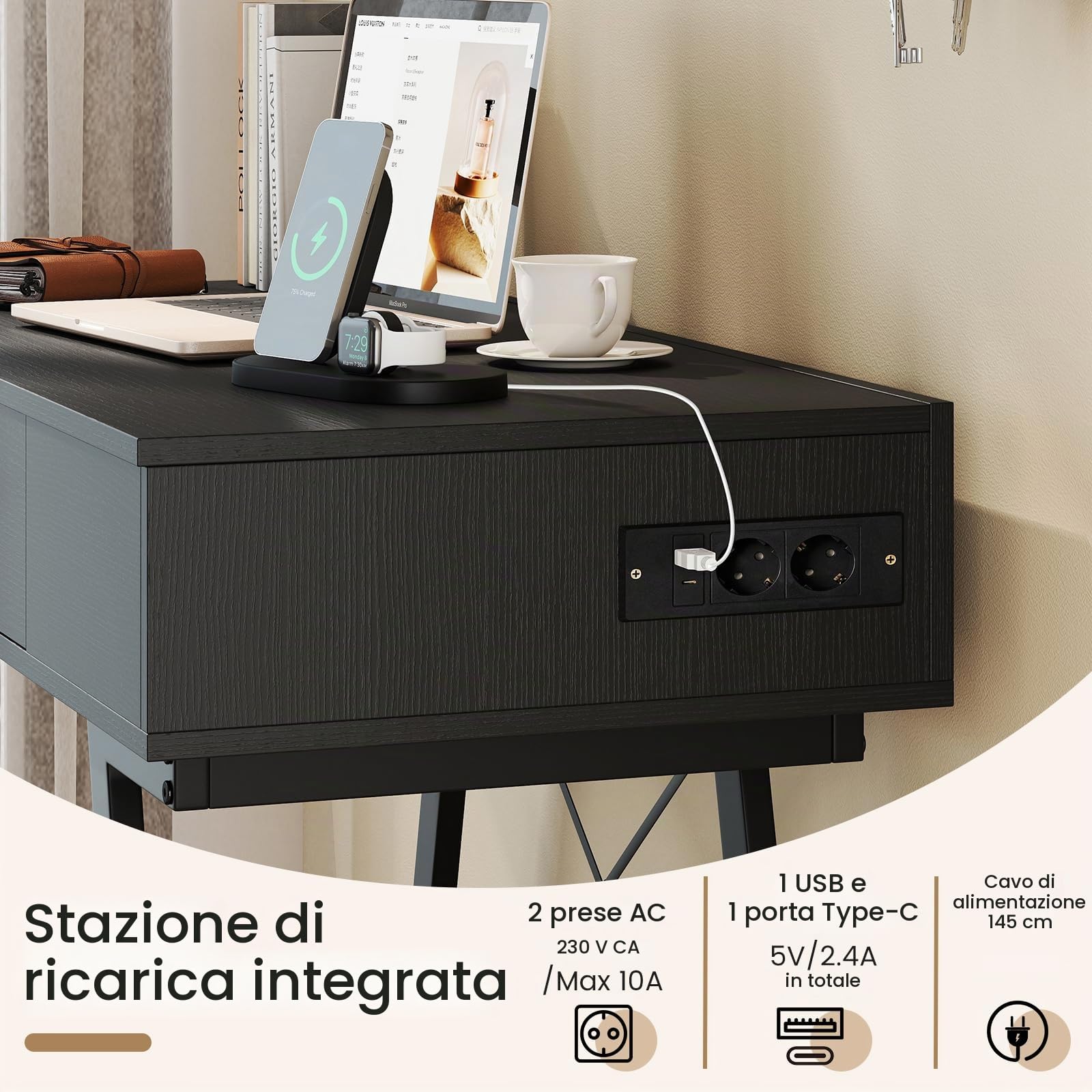 GIANTEX Tavolo da trucco con specchio pieghevole, con stazione di ricarica, cassetto, 6 scomparti per riporre oggetti, vassoio nascosto, scrivania da toeletta 2 in 1, per camera da letto, studio (nero