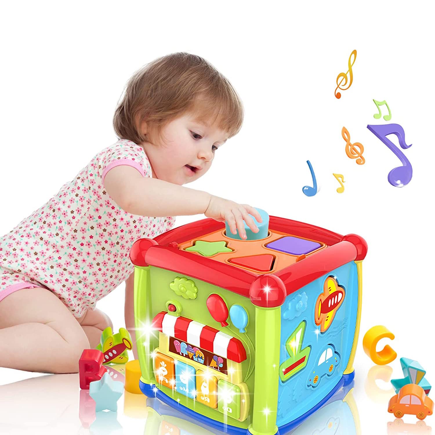 Baby Activity Cube, Busy Learning Activity Cube Toy with Music Flashing Shape Sorter,Early Development Learning Toys with 6 Different Activities for Toddler 1 2 3 Year Old Boy and Girl Gift