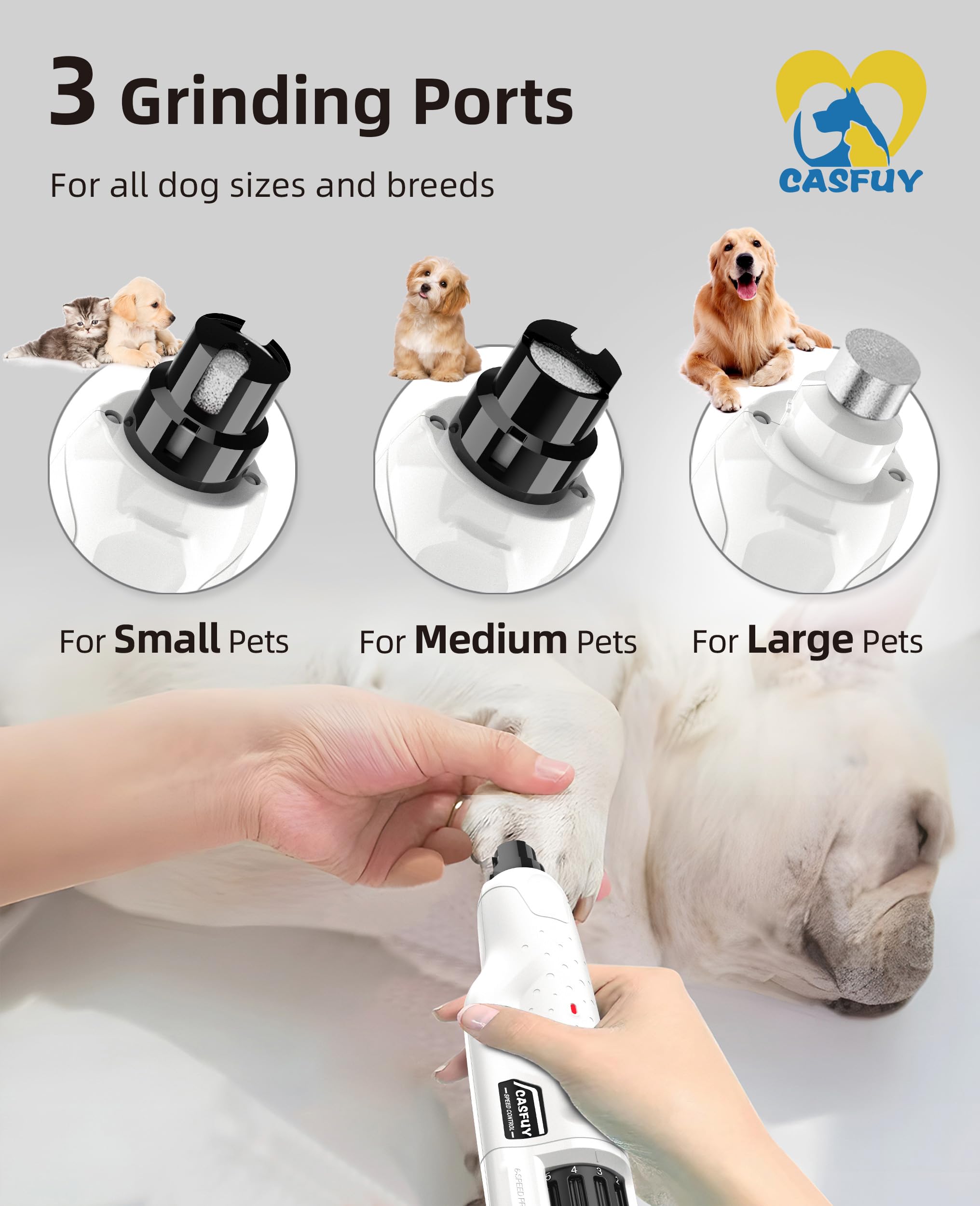 Casfuy Dog Nail Grinder Quiet - (45db) 6-Speed Pet Nail Grinder with 2 LED Lights for Large Medium Small Puppy Dogs/Cats, Professional 3 Ports Rechargeable Electric Dog Nail Trimmer with Dust Cap - image 3