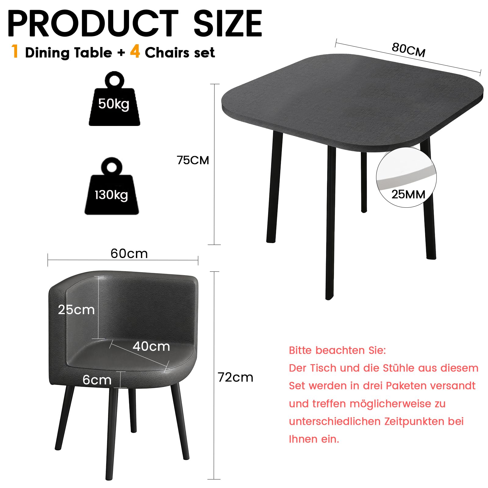 Essgruppe 5-Teilig, 80cm Quadratischer Esstisch und 4 Esszimmerstühle, Küchentisch aus MDF und Gepolsterter Stuhl für Küche, Wohnzimmer, Balkon, Restaurant, Büro, Quadratisch + Grau