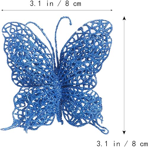 Miniatura 4 de NOLITOY 6 adornos inastillables de mariposas azules Navideños para árbol de Navidad, púas con purpurina con estacas de mariposa, corona de Navidad,