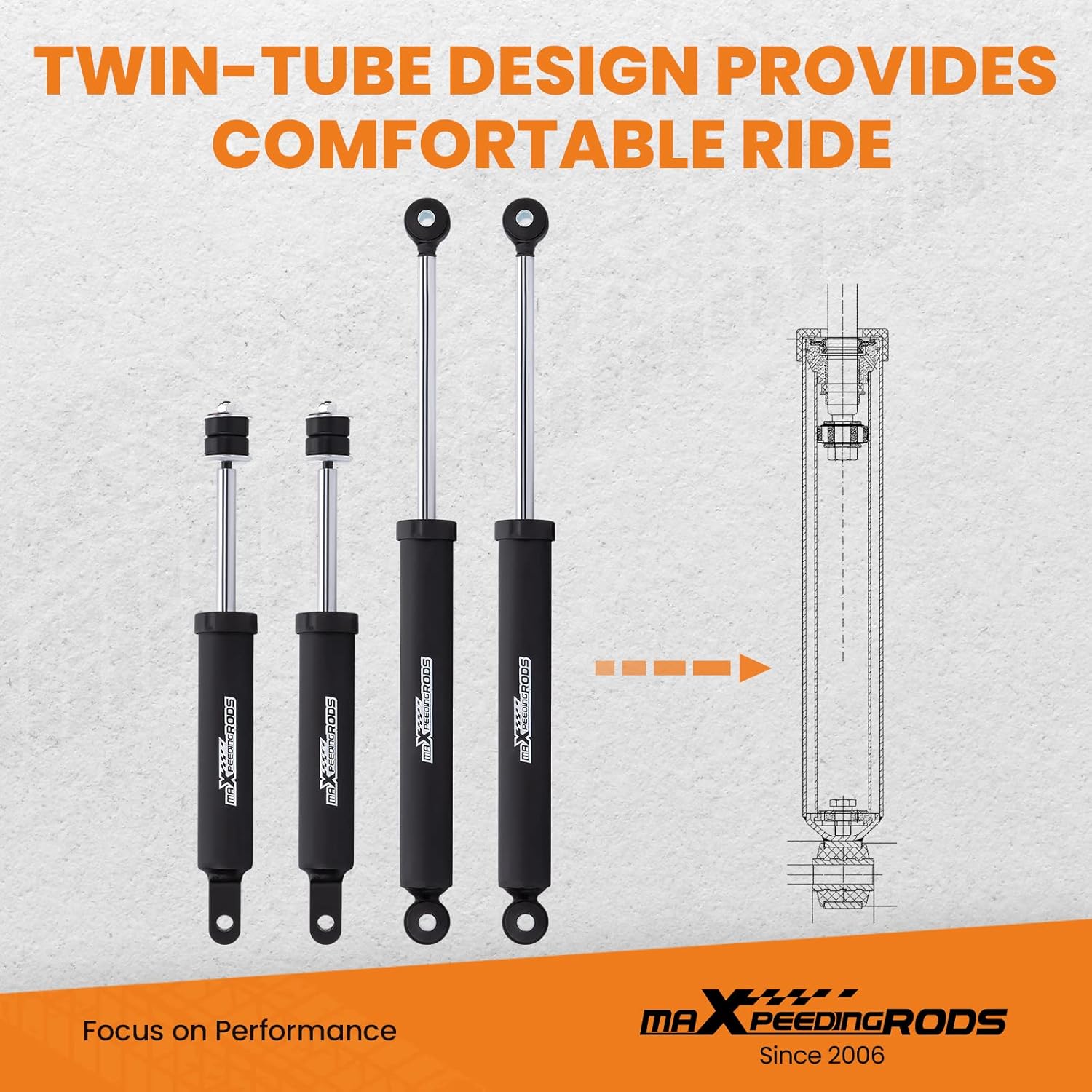 Diagram illustrating the compressed and extended lengths of the front and rear shocks. Front compressed: 16.9 inches, extended: 26 inches. Rear compressed: 14.05 inches, extended: 19.68 inches.