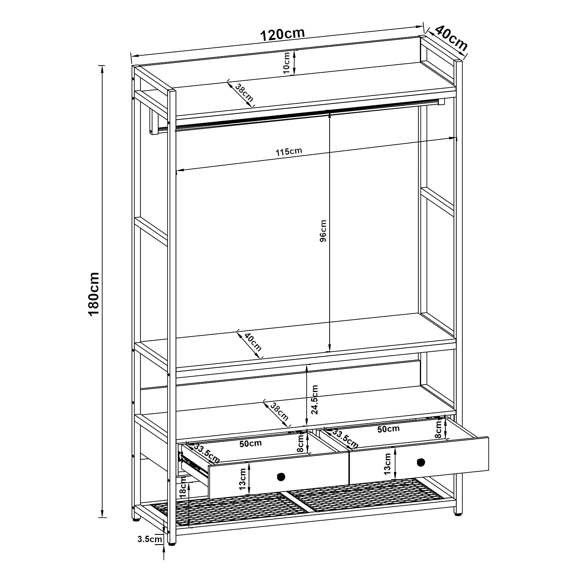 [en.casa] Armadio Aperto per Guardaroba Appendiabiti da Terra 180 x 120 x 40 cm Mobile Organizzatore per Cabina Armadio con Cassetti Ripiani MDF Barra Porta Abiti - Color Noce/Nero
