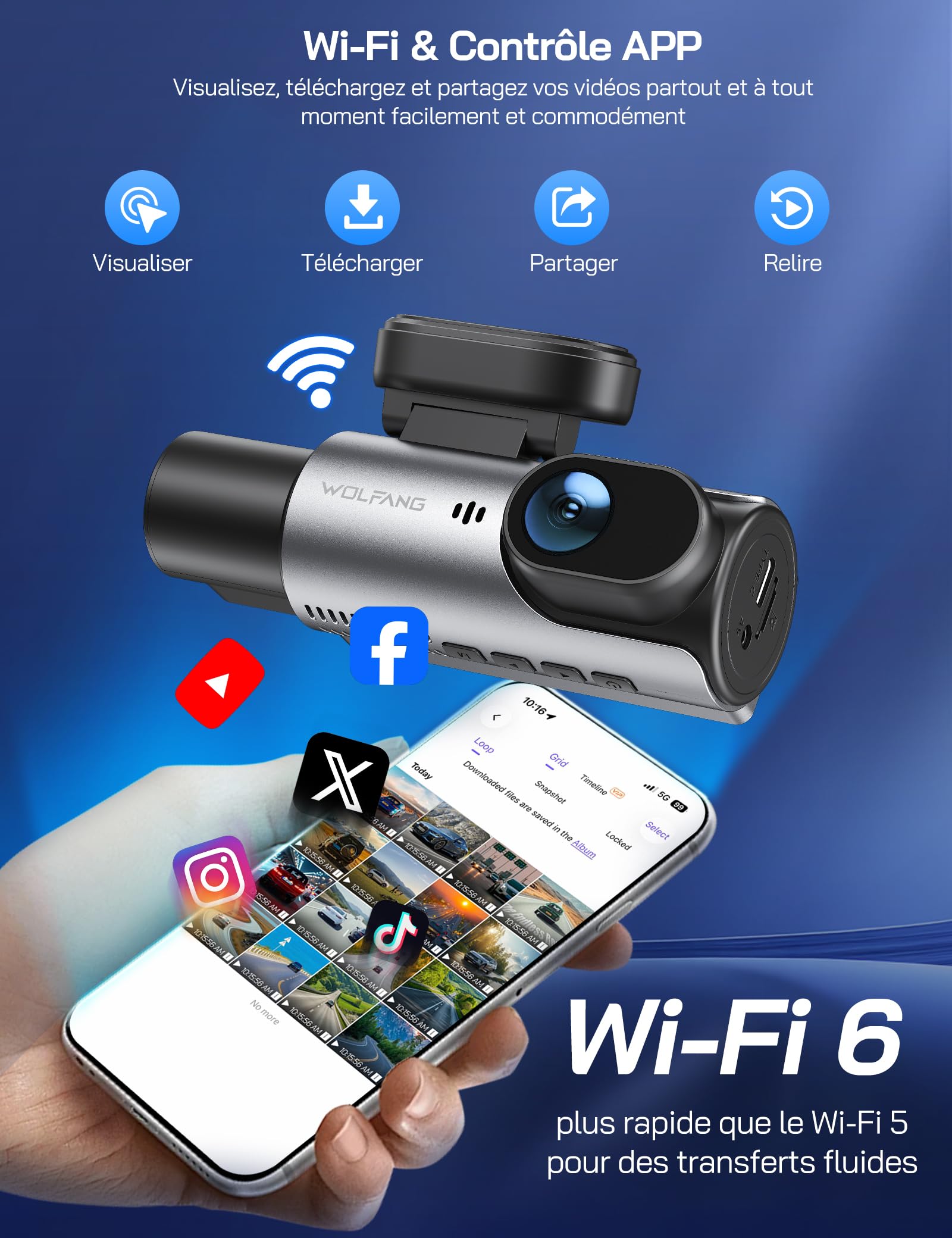 WOLFANG 4K Dashcam Voiture Avant Arrière, 3 Canaux Caméra de Bord avec 24H Mode Parking, WiFi & Application, G-Capteur, WDR, Vision Nocturne, Enregistrement en Boucle
