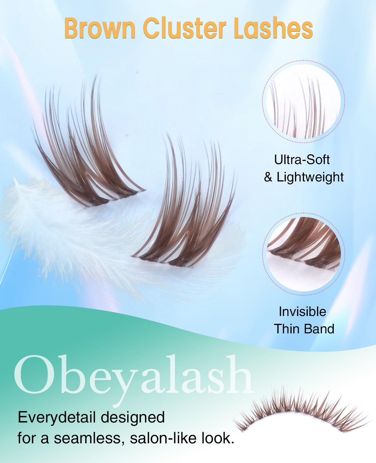 Obeyalash Sztuczne rzęsy brązowe rzęsy - zestaw do przedłużania rzęs 144 szt. brązowe lash klaster zestaw C Curl Clear Band Cluster Lashes Natural With Bond and Seal 8-16 mm DIY at Home (FD29)