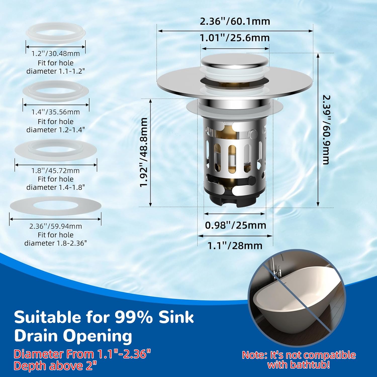Hibbent Upgraded 3 in 1 Bathroom Sink Drain Strainer, Universal Pop Up Stopper with Removable Stainless Steel Filter Basket Hair Catcher, Sink Plug for 1.1''~2.36'' Basin, Brass Bullet Core, Chrome