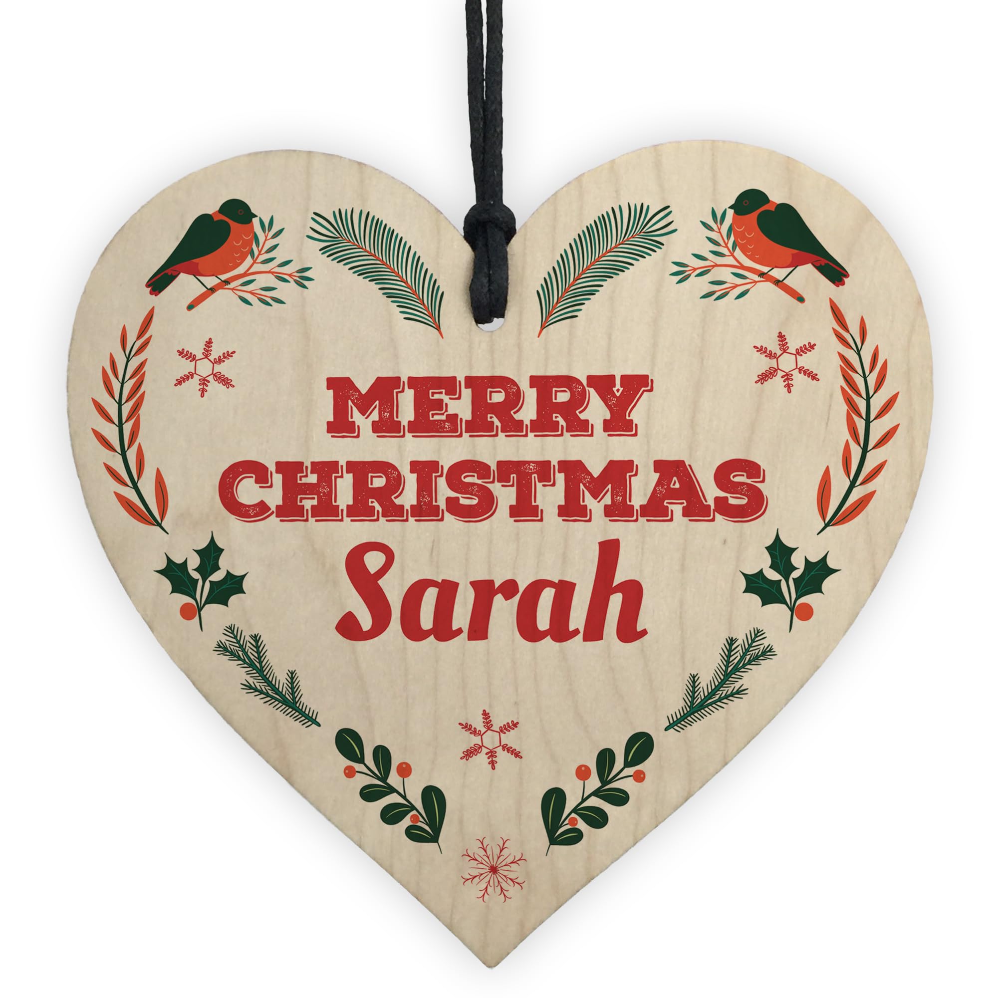 Red Ocean Merry Christmas Personalised Friends Family Colleagues Gift Wooden Heart Decoration, Secret Santa Gifts For Colleagues Friends, Personalised Gift Tag For Son Daughter Mum Dad (Design 1)