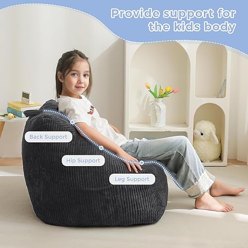 Miniatura 7 de MAXYOYO Puf para niños, puf con asa, cómoda silla para niños y niñas, sofá decorativo con bolsillo para jugar, leer y relajarse, color gris oscuro