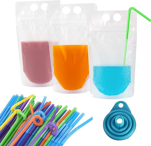 Paquete de 100 bolsas de bebidas desechables de 16 onzas con agujero para pajilla, cero BPA, soporte para levantarse, asa de transporte y 100
