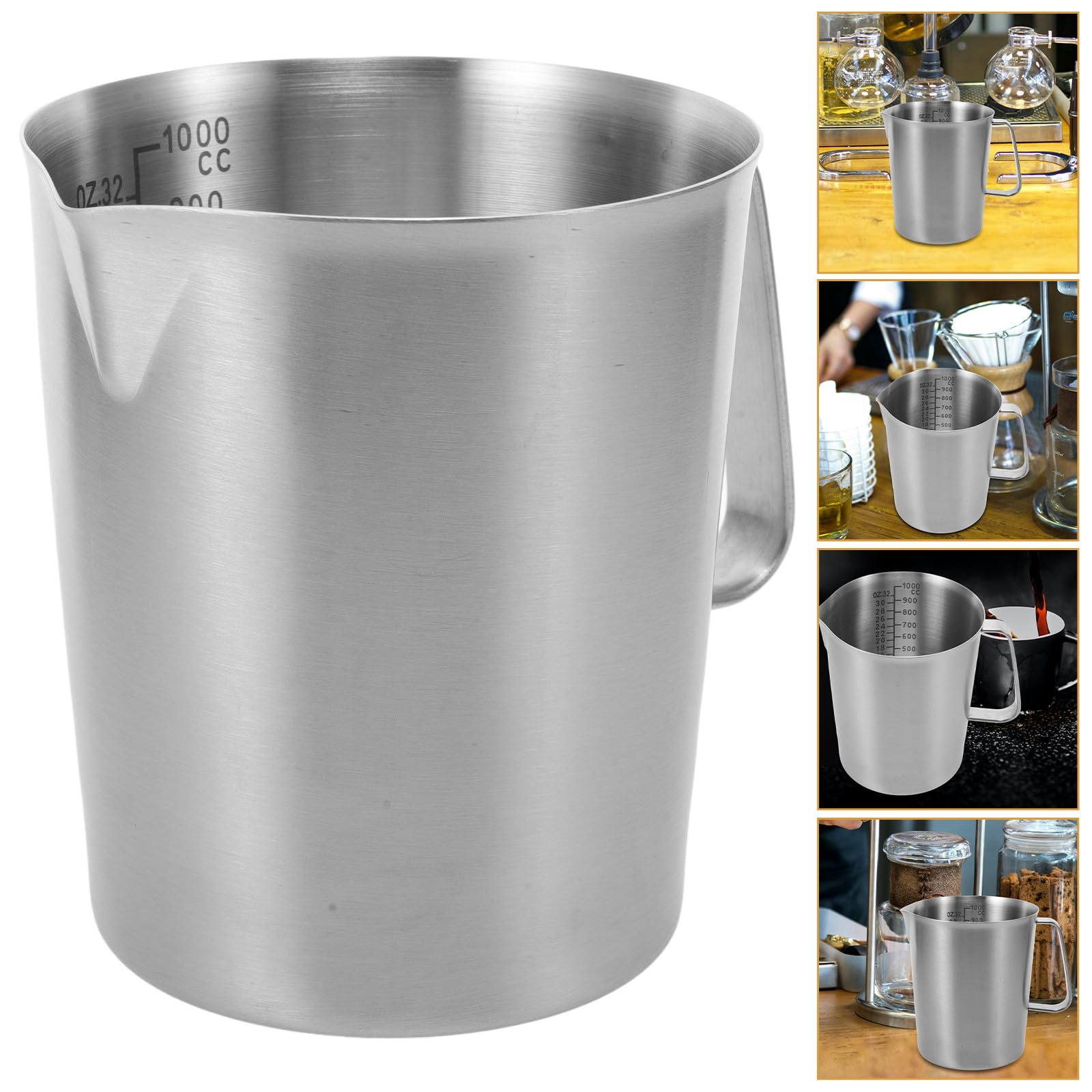 TOYANDONA Jarra Medidora de Acero Inoxidable 1000ml Asa Ergonómica, Taza Espumadora de Leche Escala Graduada para Café, Espresso y Uso en Cocina Profesional o Doméstica