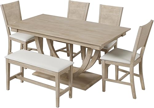 Miniatura 5 de Merax Juego de mesa de comedor de madera de 6 piezas con banco, juego de mesa de cocina con patas semicirculares, banco largo y 4 sillas de comedor,