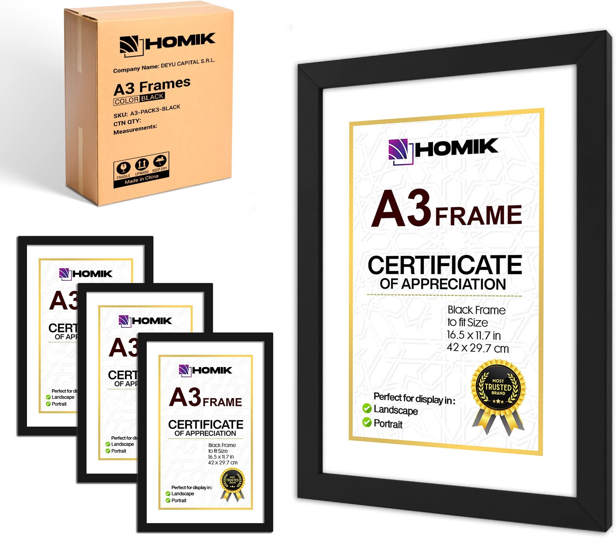 HOMIK A3 Black Photo Frame Pack of 3 - A3 Picture Frame Black Economy ...