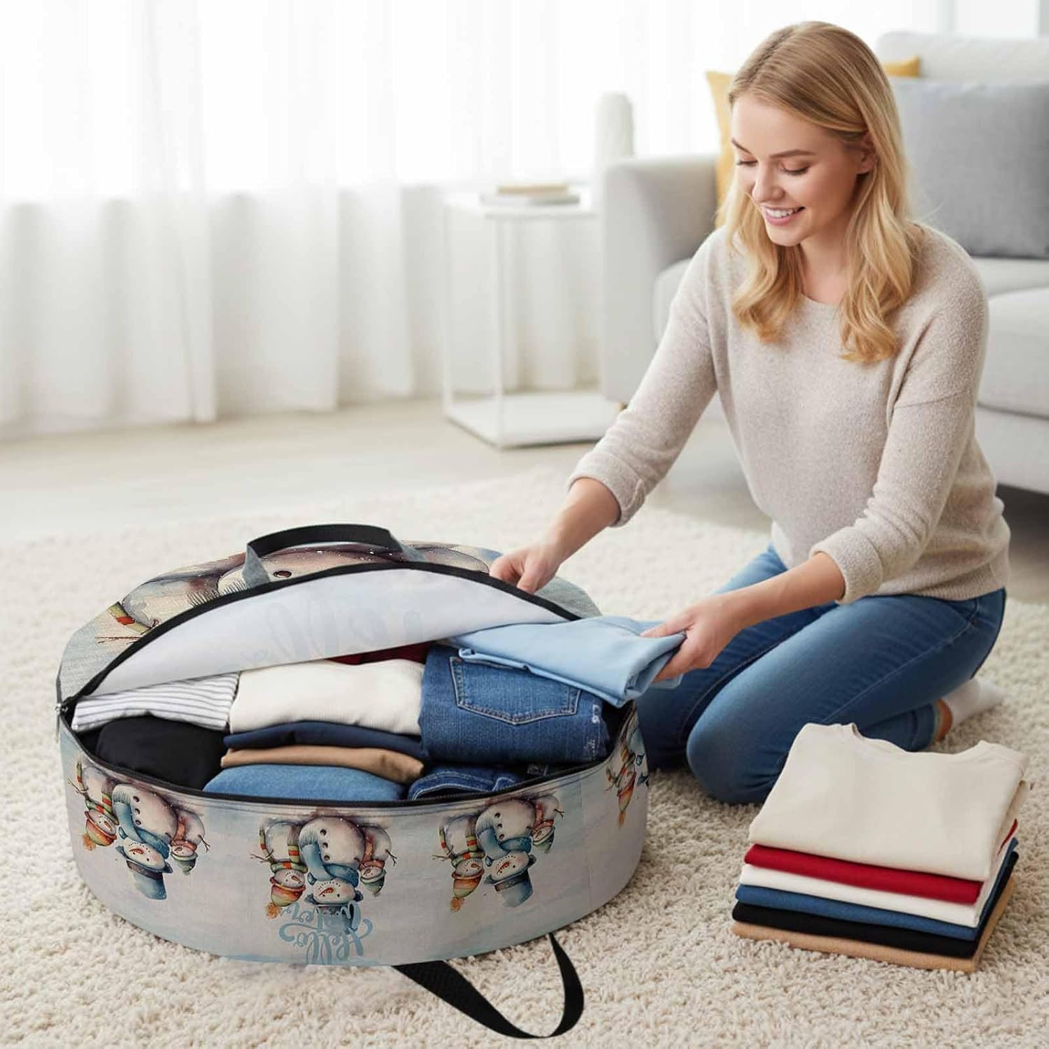 Hello Winter Round Storage Bag 36 Inch, Christmas Snowman Watercolor Clothes Storage Container with Handles Heavy Duty Organizer for Comforter, Bedding & Holiday Wreaths
