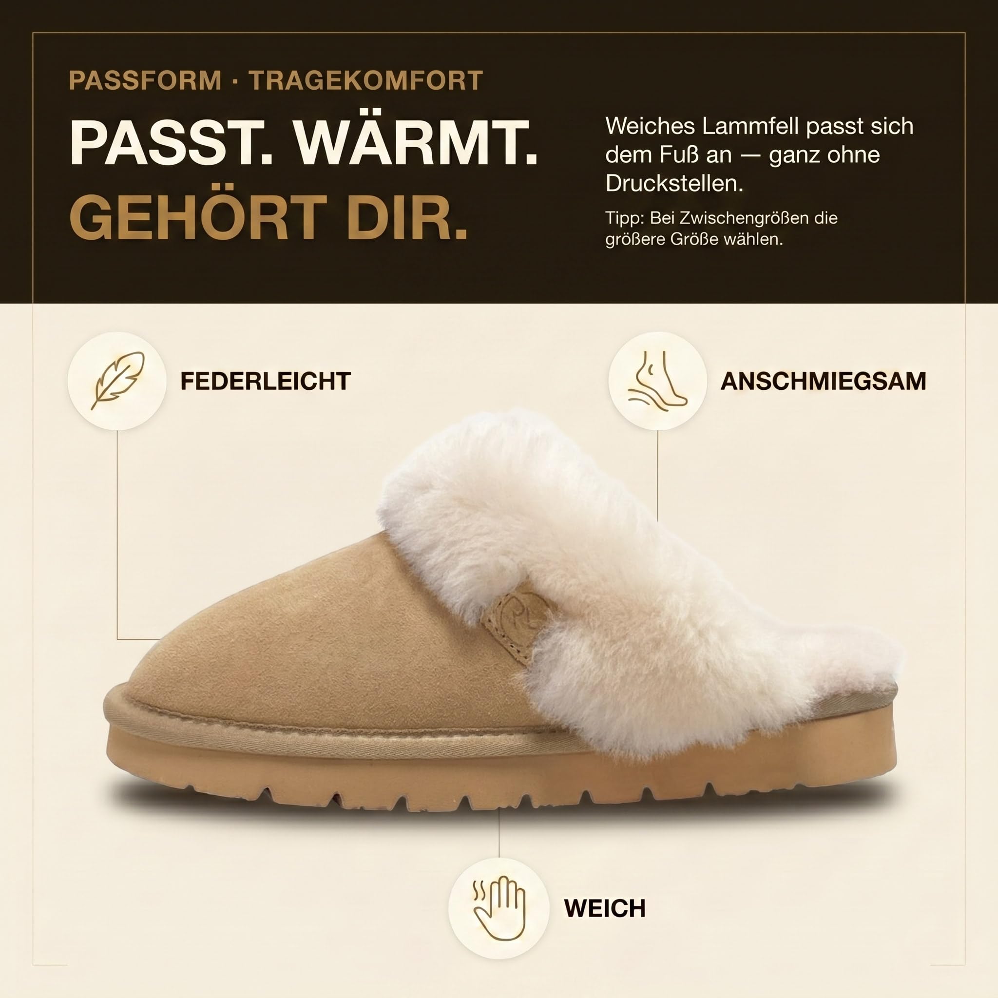 Rohn Moden Lammfell Hausschuhe Damen– Talea – Warme Hausschuhe Damen mit Schaffell & rutschfester EVA-Sohle – Winter Pantoffeln für zuhause – Slipper gefüttert - Braun Rose Grau
