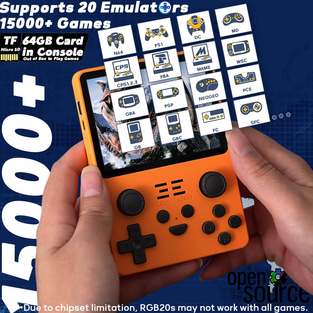 CredevZone RGB20S Handheld Game Console 3.5 inch Retro Games Consoles Classic Emulator Hand-held Gaming Console Preinstalled Hand Held Video Games System 64GB Yellow