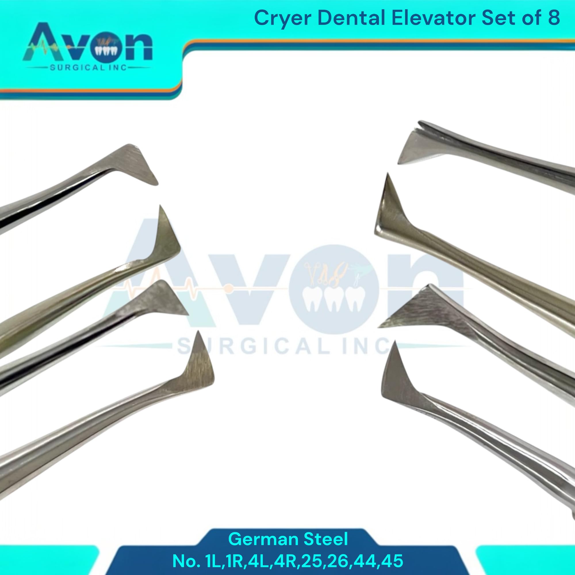 Pack of 8 Dental Root Pick Cryer Elevators, #1L, #1R, #4L, #4R, #25, #26, #44, #45, Left and Right, Hollow Handle with Color Ends - German Stainless Steel Dental Tools