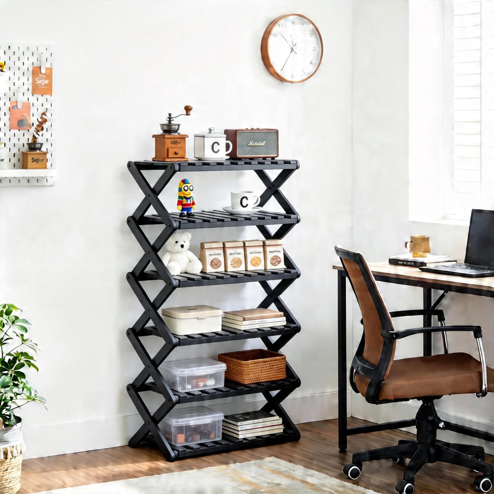 Momleix Folding Shoe Rack Black, 6 Tier Shoe Shelf Without Installation, Sturdy Bamboo Storage Organiser for Entryway Closet and Small Spaces, Space-Saving Shoe Storage Stand