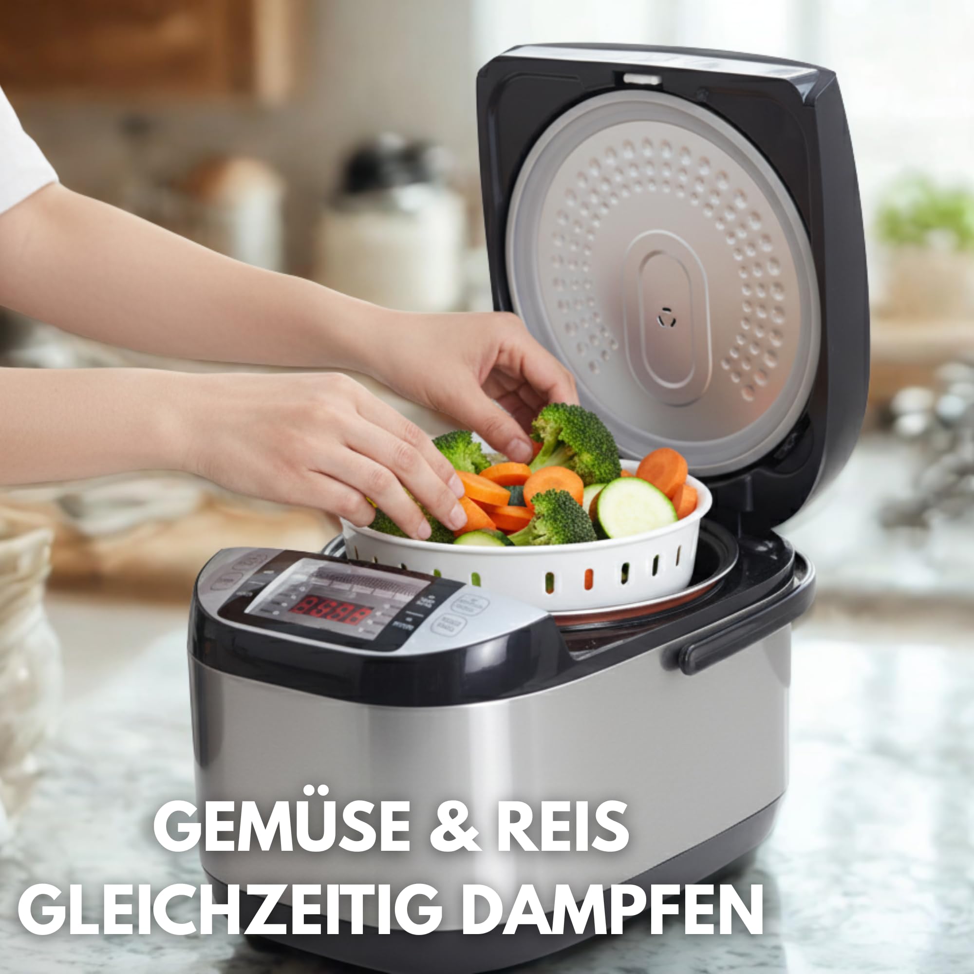 Sommertal Reiskocher 5 Liter XXL für 1 bis 15 Personen | 790W | Multikocher mit Touch, 3D Heizsystem, Warmhaltefunktion, abnehmbarem 105 cm Kabel | Dampfgarer mit Dämpfeinsatz & Zubehör | RK50