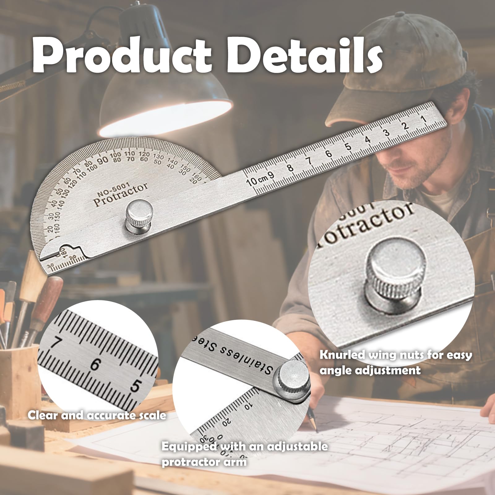 goniometro professionale 2 pezzi per falegnameria e costruzioni strumenti di misurazione angoli acciaio inox 180° con braccio regolabile per ingegneria e design architettonico