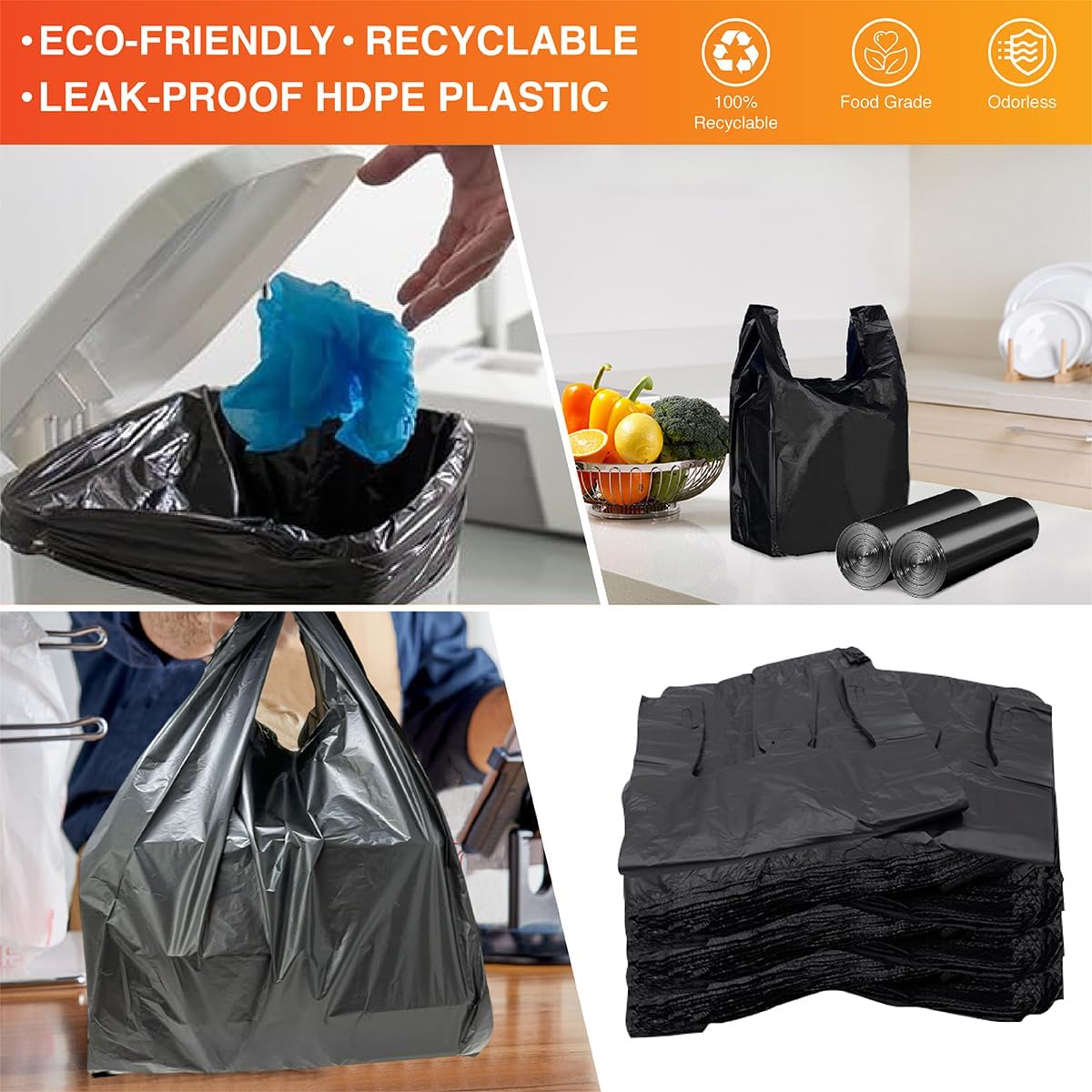 Heavy Duty Black T-Shirt Bags (1000 Count) – 11.5" x 6.5" x 22" – Strong Plastic Grocery & Shopping Bags for Restaurants, Retail and Commercial Use