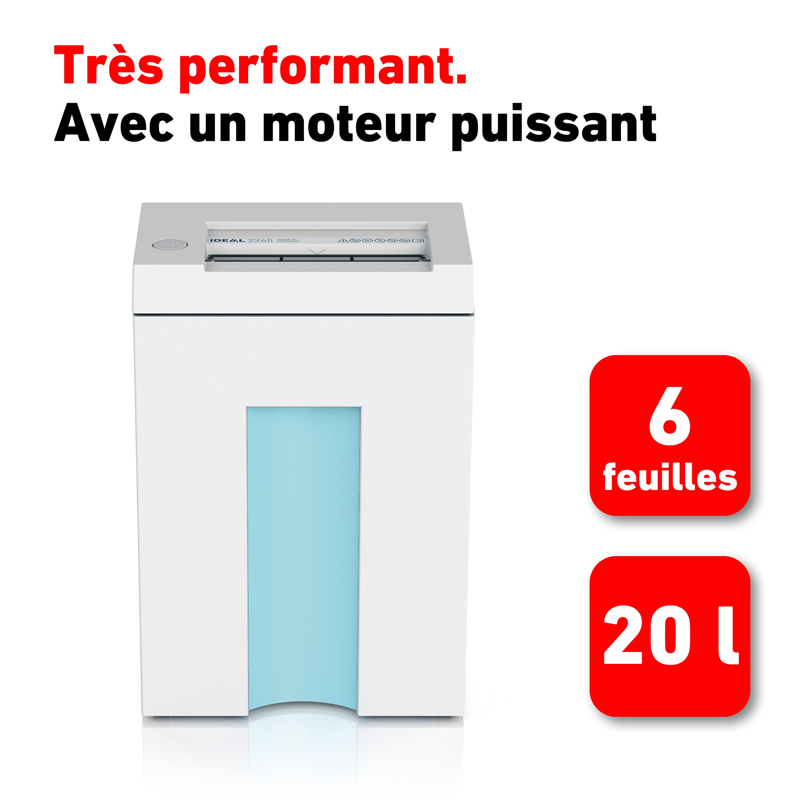 Ideal 2265 Destructeur de Documents, Niveau de sécurité P-4, Coupe croisée 3x25 mm, capacité de 6 Feuilles, Corbeille de 20L, Conforme RGPD, détruit Aussi Les Cartes de crédit, Les Trombones/agrafes | Niveau de sécurité P-4, Conforme RGPD, Corbeille de 20