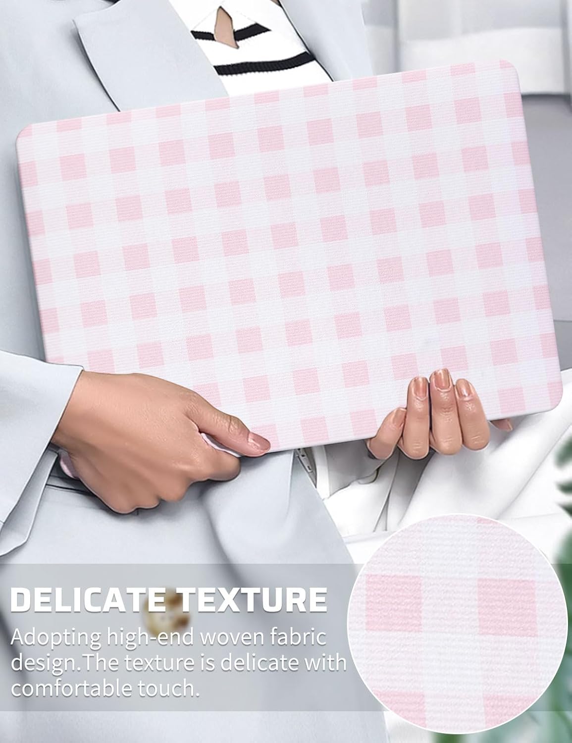 Seorsok Compatible with MacBook Air 13 Inch Case 2022 2021 2020 2019 2018 Release A1932 A2179 M1 A2337,Cute Pink Checkerboard Textured Leather Plastic Hard Shell & Keyboard Cover,White Grid Print