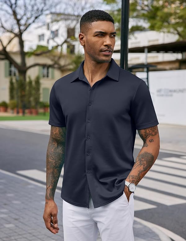 COOFANDY Men's Casual Button Down Shirts Short Sleeve Wrinkle Free Summer Tops Navy Blue by COOFANDY - Used condition - Image 6