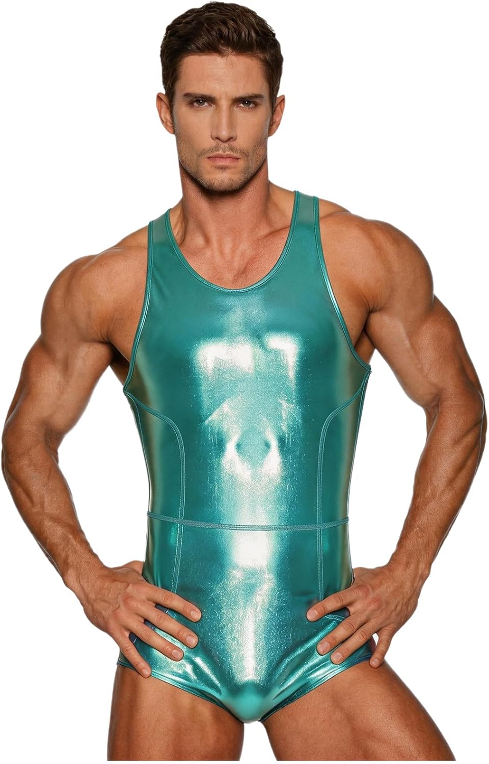 Men Slim Tights Spandex Body Suit One Piece Swimsuit | Wrestling Singlet,Faux Leather Tank Leotard,Soft Breathable and Comfortable,Back Zipper Closure,Sissy Clothes,Exotic Tights
